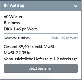 Ein Deutsch-Dänisch Übersetzungsbeispiel mit Preis und Lieferzeit, basierend auf 60 Wörtern